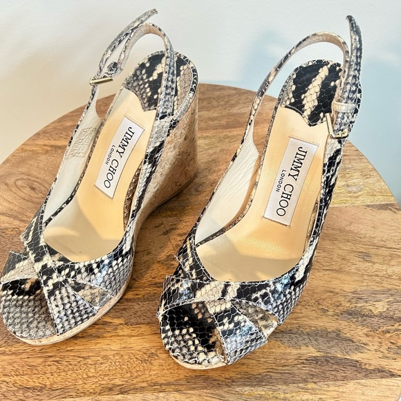 Jimmy Choo NWOB Designer Amely Snake leather Slingback Cork Wedge Sandal Size 35 - Picture 9 of 10